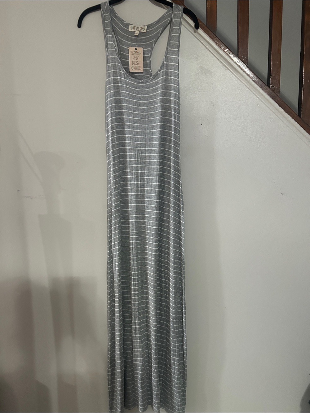 Pink Rose Gray & White Striped Racerback Maxi Dress